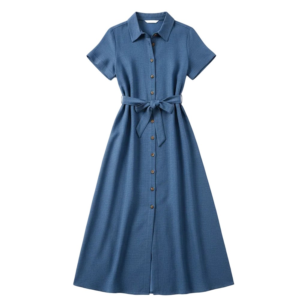 A woman models a blue denim-like short-sleeve maxi dress with a button front, collar, and tie waist, standing outdoors against a wooden door and stone wall while holding a brown woven handbag.