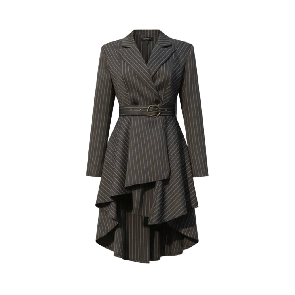 Pinstripe dress with a belt and black handbag on a light gray background