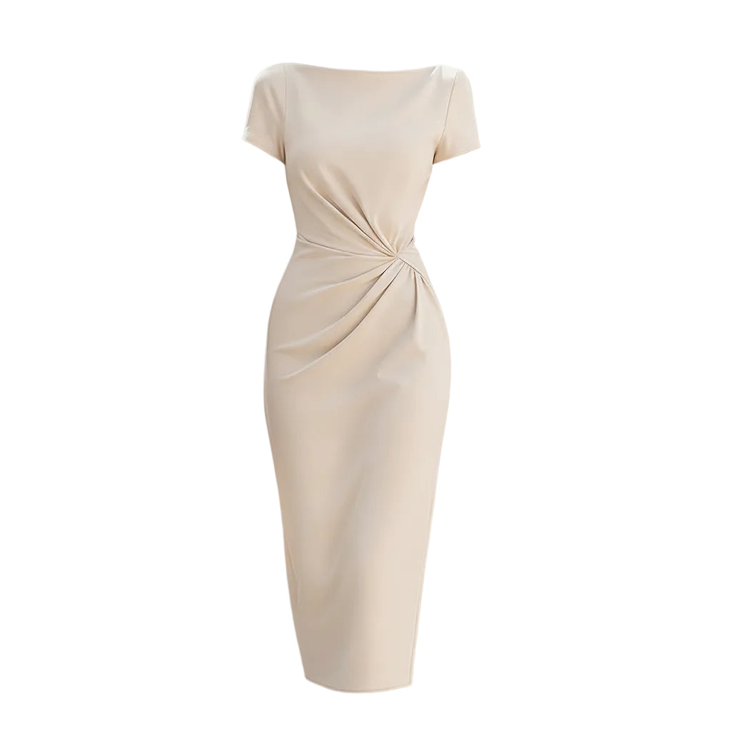 Woman wearing a beige dress with a plain background
