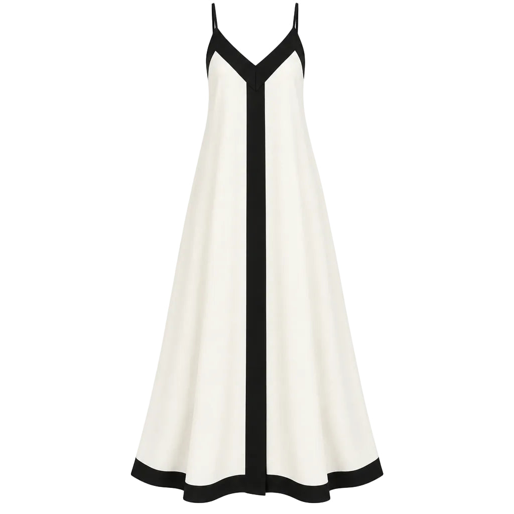 Woman wearing a white and black dress holding a straw bag outdoors.