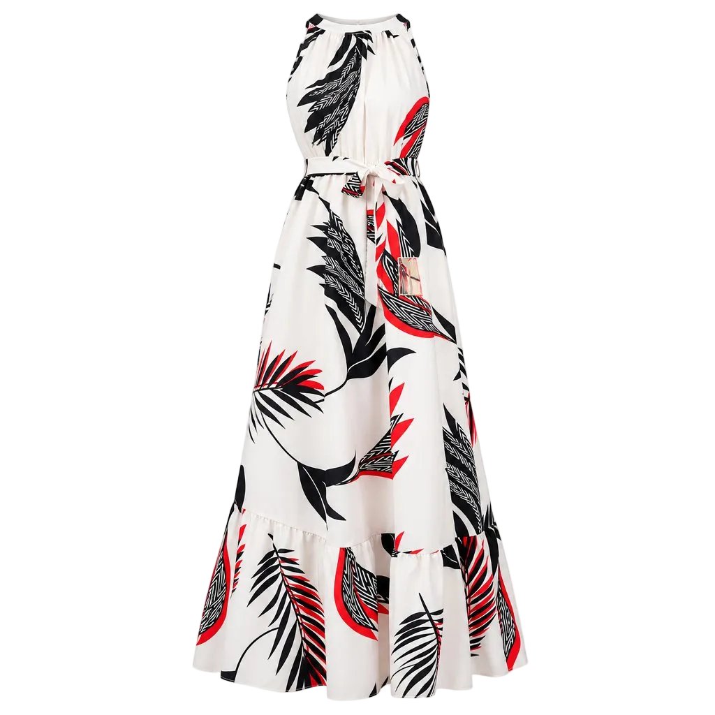 A sleeveless, high-neck maxi dress with a tiered ruffled hem, featuring a bold tropical leaf print in black, gray, and red on a cream-white background. The dress is styled on a model holding a small gold clutch.