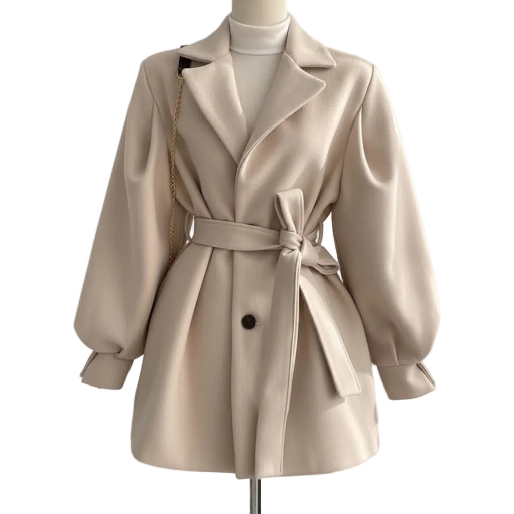 Beige trench coat worn by a person on a plain background