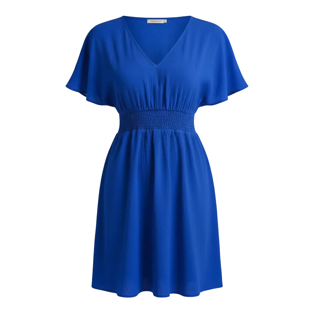 Woman wearing a blue dress on a white background