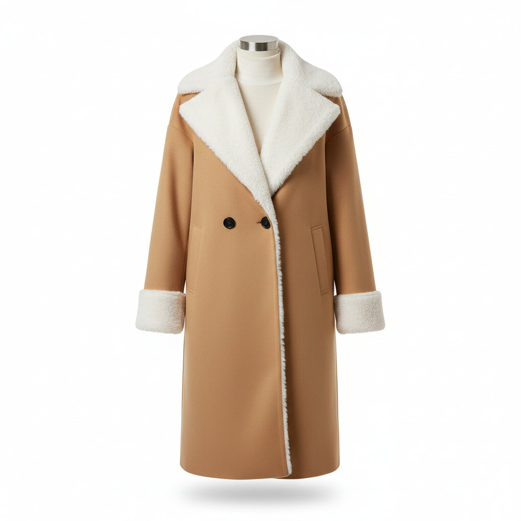 Person wearing a tan coat with white fur lining against a light background