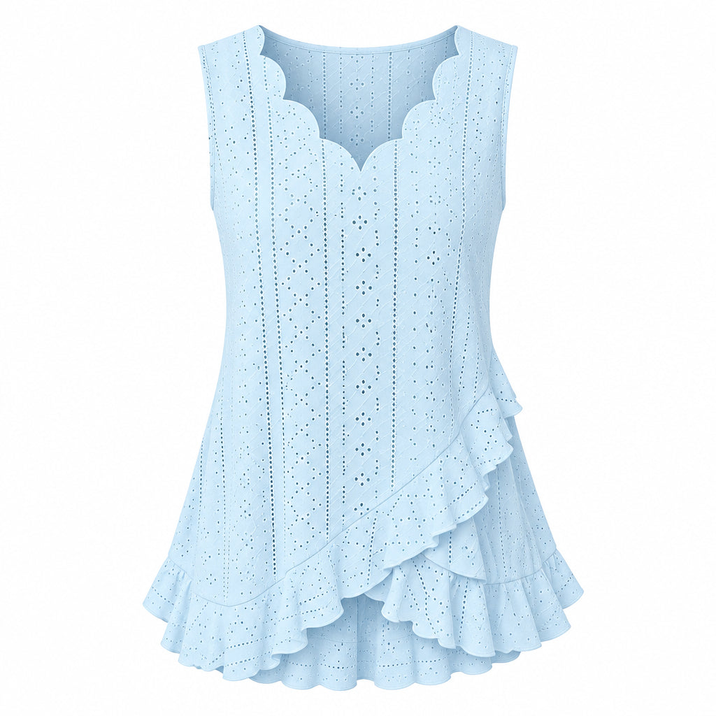 Woman wearing a light blue sleeveless top with ruffles, holding a coffee cup.