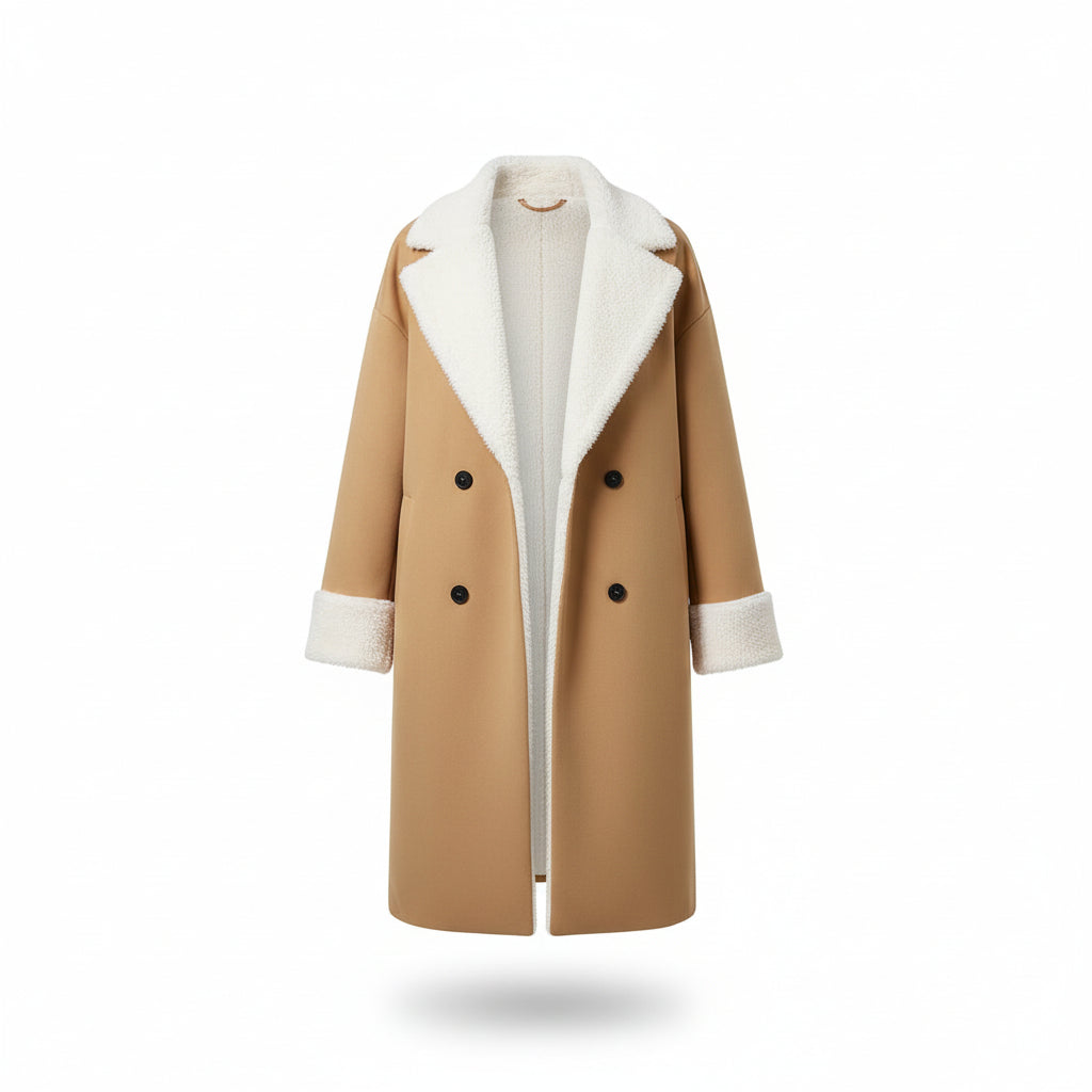 Tan coat with white fur lining worn by a person, standing against a light background.