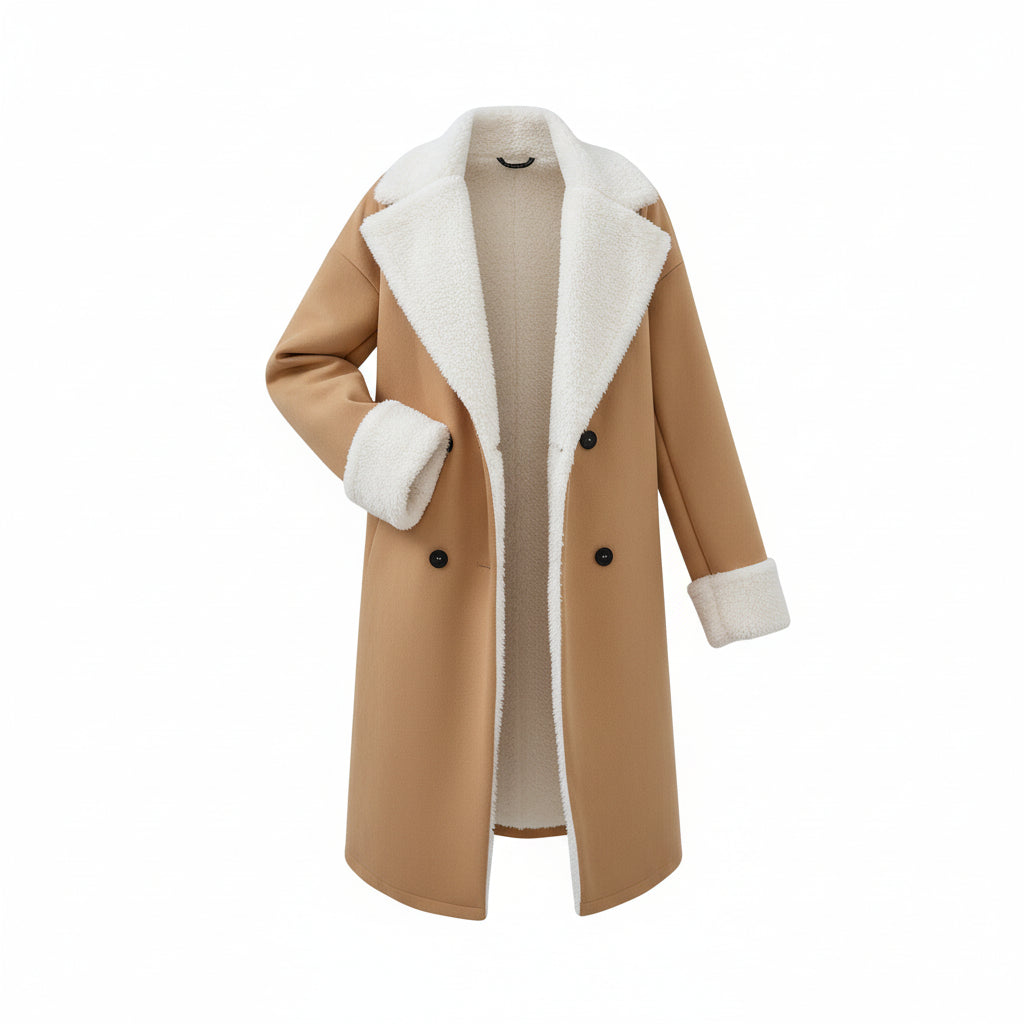 Person wearing a beige coat with white fur lining, holding a brown bag against a light background