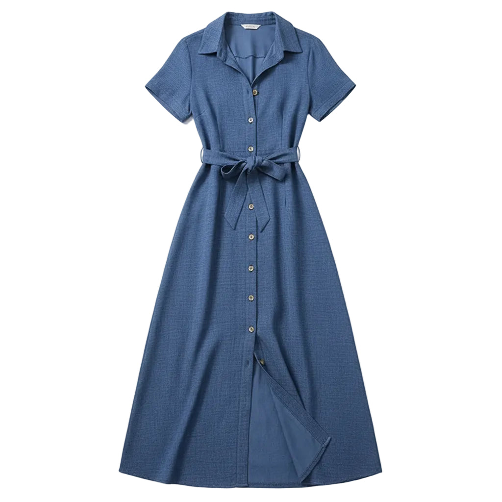A woman models a blue short-sleeve maxi dress with a button-down front, a tie waist, and a high leg slit. She is standing outdoors against a rustic wooden door and a white stone wall, holding a brown woven handbag.