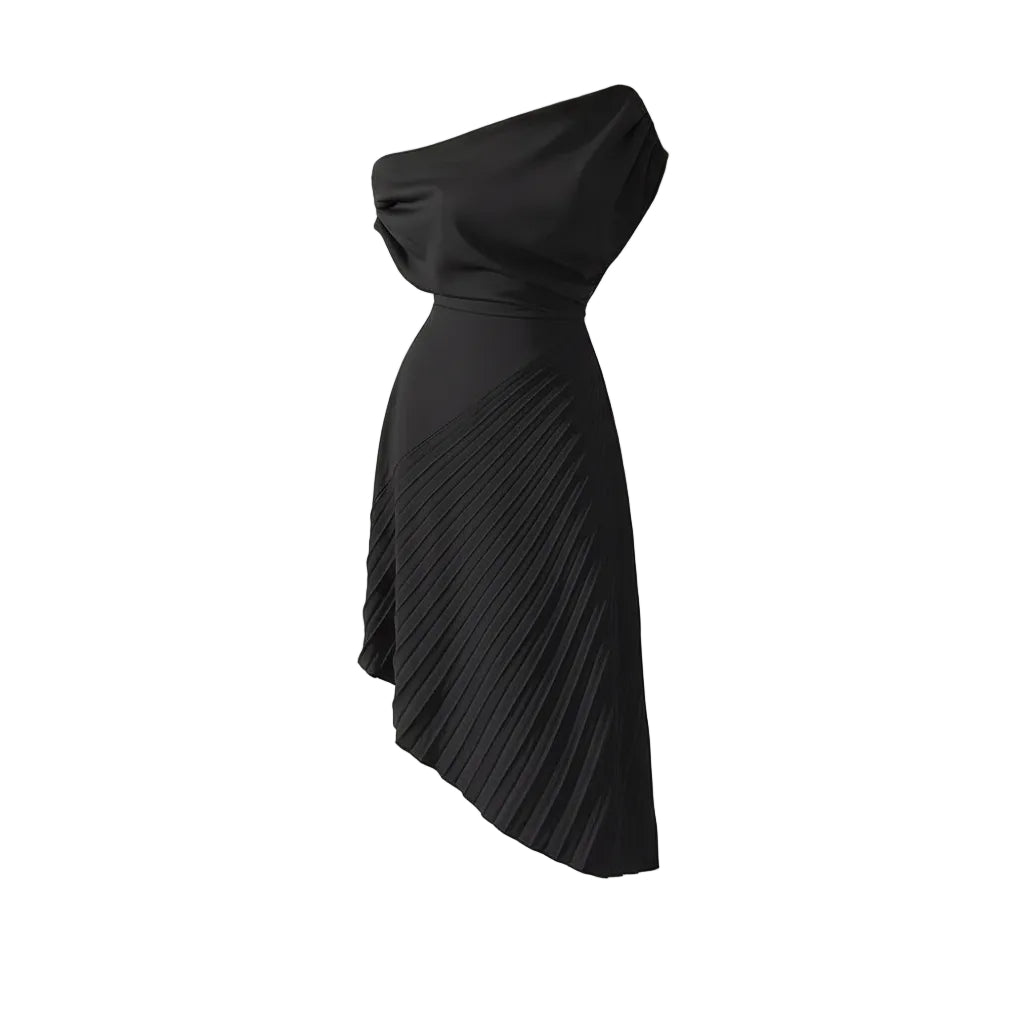 Black off-shoulder dress worn by a person against a plain background