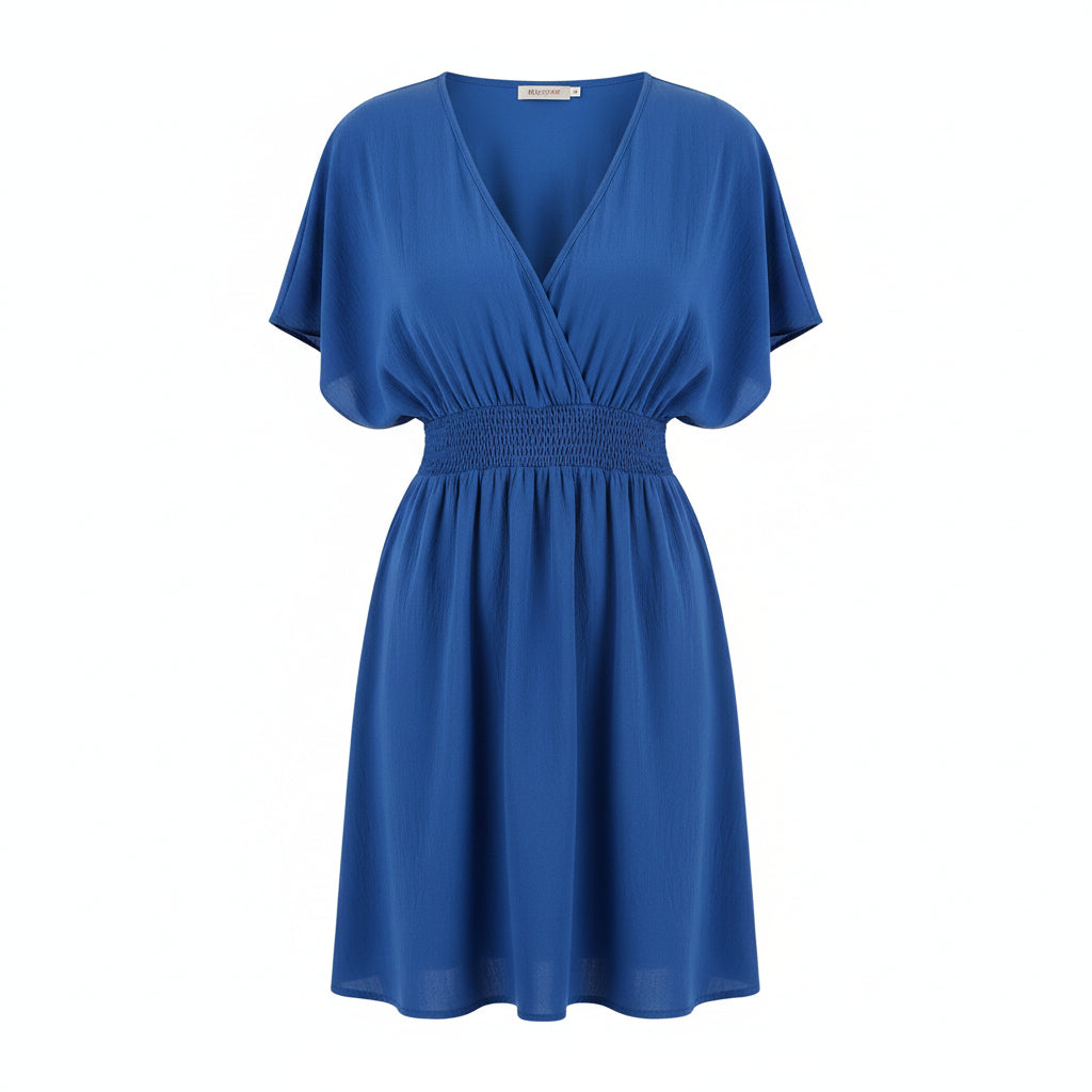 Woman wearing a blue dress on a white background
