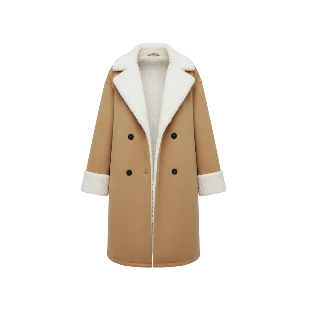 Person wearing a tan coat with white fur lining, holding a phone.