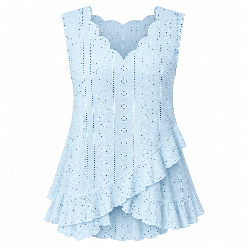 Woman wearing a light blue sleeveless top with ruffles, holding a coffee cup.