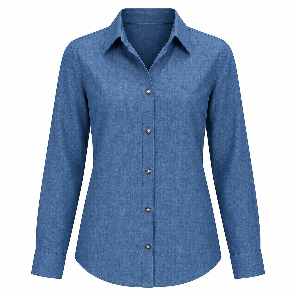 Person wearing a blue shirt and white pants against a gray background