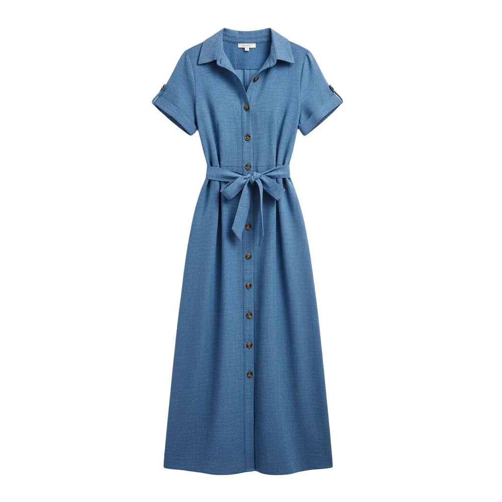 A woman wearing a blue short-sleeve collared maxi dress with a front slit and button details, standing against a rustic wooden door and stone wall while holding a brown woven handbag.