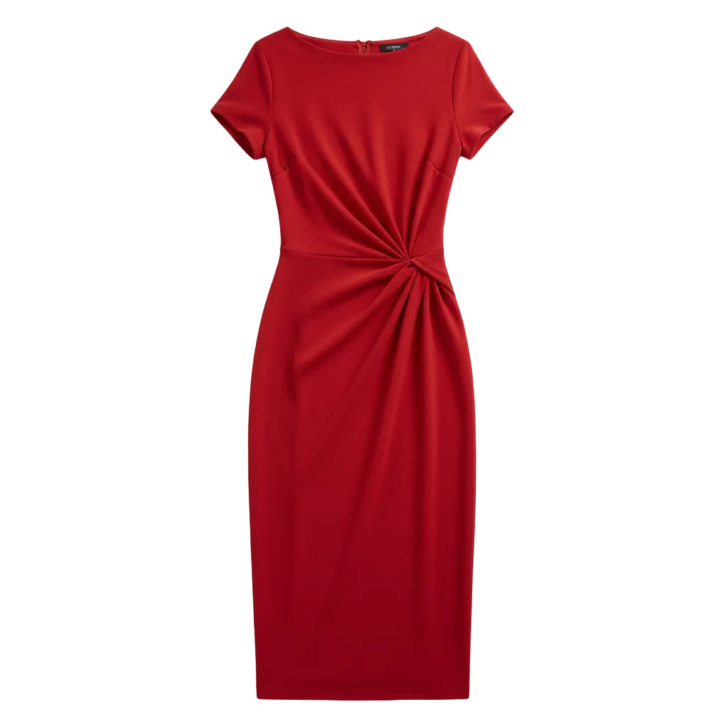 Red dress with a knot detail on a plain background