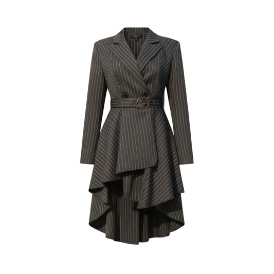 Pinstripe dress with a belt and black handbag on a light gray background