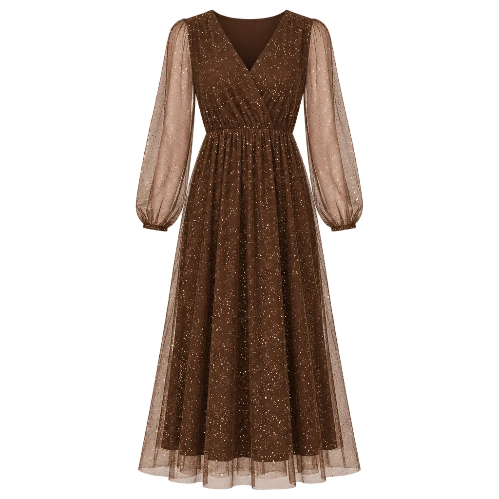Woman wearing a brown sparkly dress in a festive setting with Christmas trees and decorations.