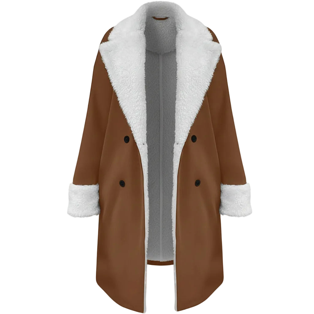 Brown coat with white fur lining worn by a person on a white background