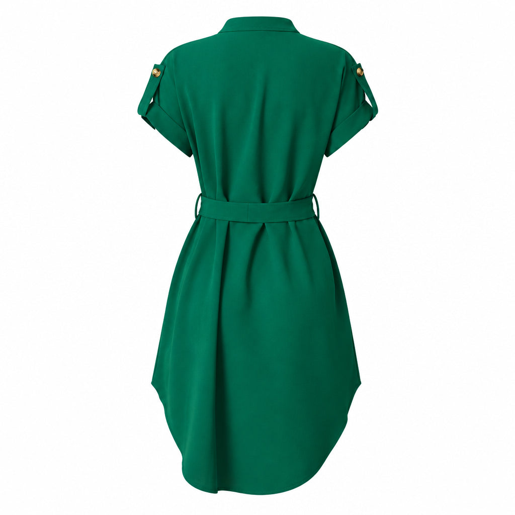 Green dress worn by a person on a white background